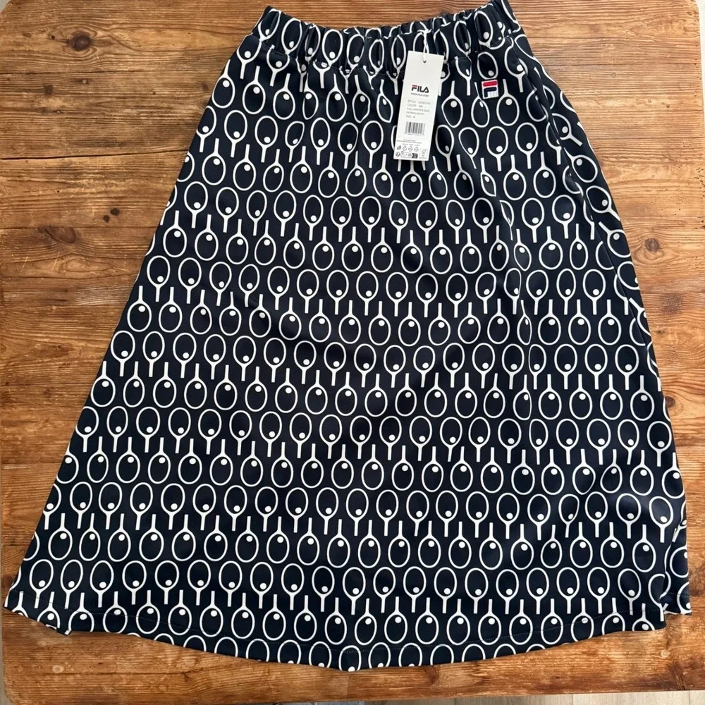 Fila Navy White Tennis‎ Racket Print Midi Skirt w/ Pockets Women's Medium NWT